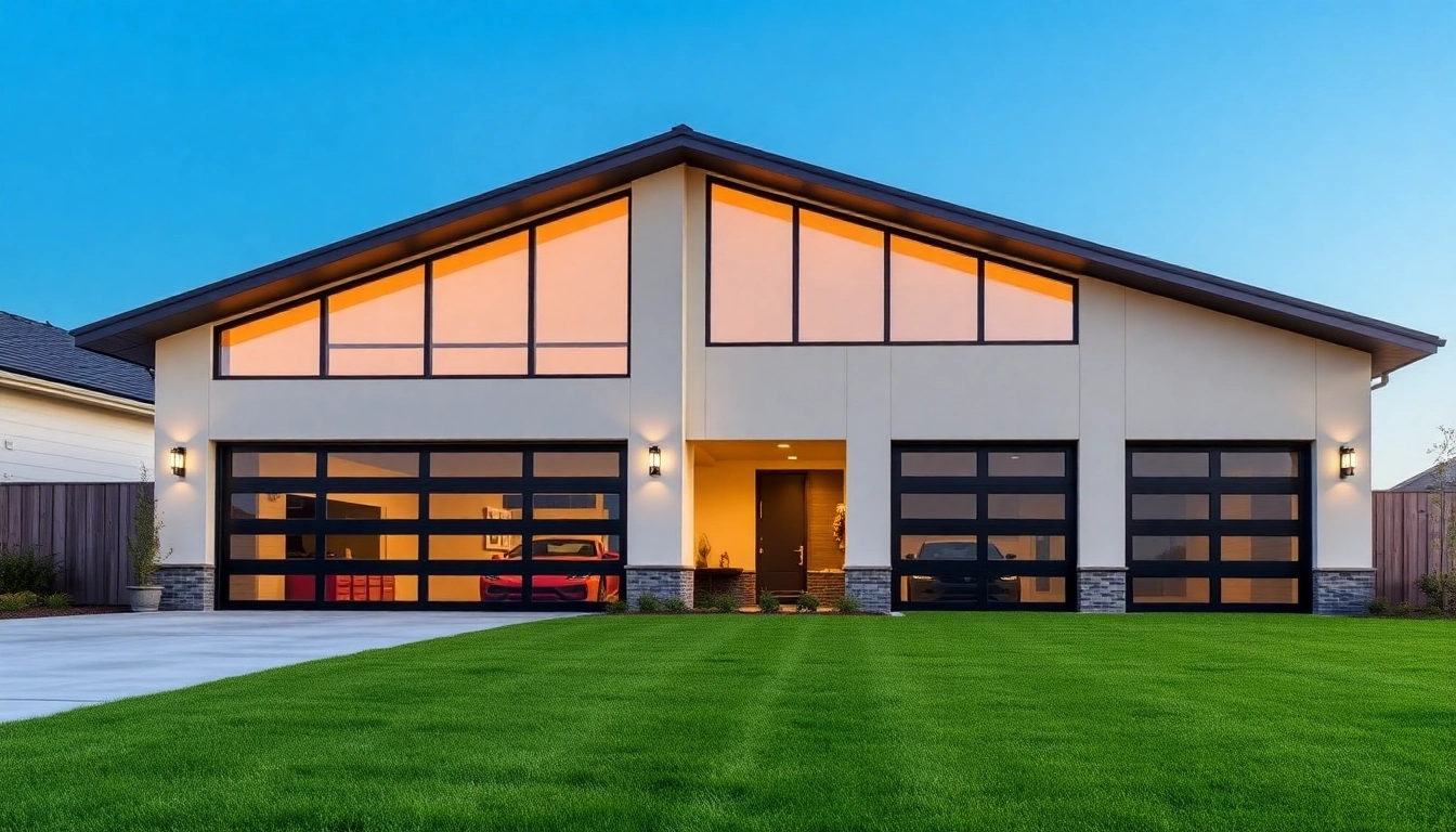 Showcase custom garages with large windows and sleek designs, set in a sunny, inviting landscape.