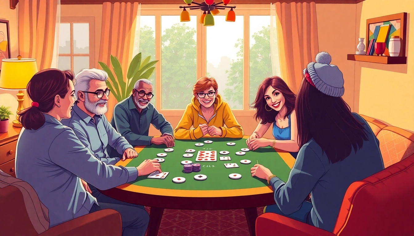 Engaging players enjoying Rummy Wealth, showcasing colorful chips and cards in a cozy setting.