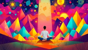 Visual representation encouraging viewers to explore your innate potential through meditation in a vibrant, abstract setting.