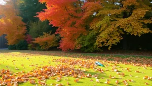 Fall clean up featuring professional service removing vibrant leaves from a lawn.