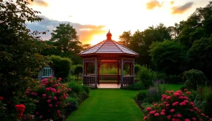 Admiring a stylish gazebo in Ireland nestled among blooming flowers, perfect for outdoor gatherings.