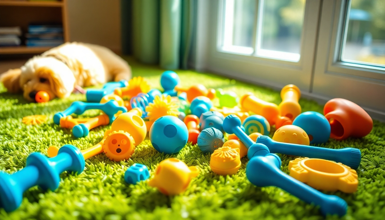 Engaging scene showcasing colorful pet toys, including chew and squeaky options, ideal for playful pets.