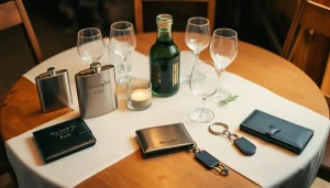 Showcase of cheap groomsmen gifts including personalized flasks and wallets on a rustic table.