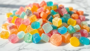 Delicious Gemini Crystal Candy displayed elegantly with a focus on unique crystal shapes and vibrant colors.