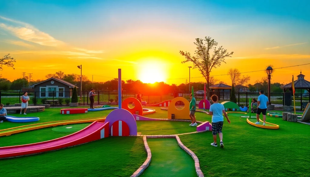 Playful scene at a Mini Golf Houston course with colorful obstacles and happy players enjoying their experience.