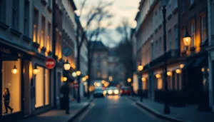 Stroll through Bloomsbury's picturesque streets, featuring Georgian architecture at sunset.