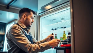 Expertly fixing bar refrigeration repair with skilled technician and modern tools in the background.