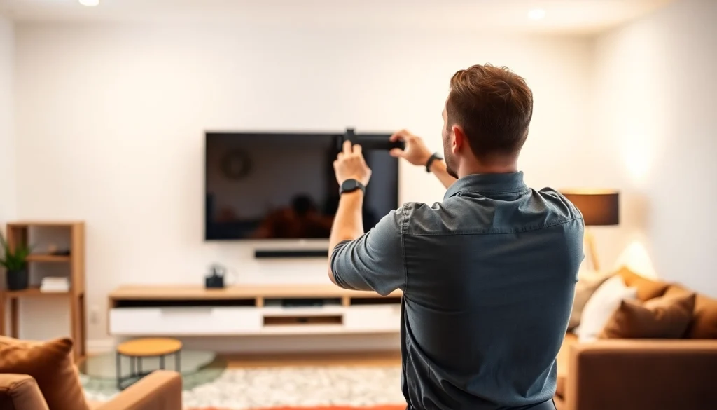 Expert technician providing TV mounting installation service for a large flat-screen in a modern living room.