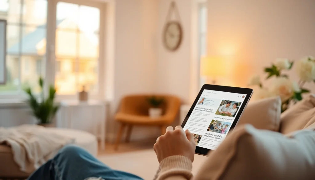 Engaging user exploring healthlifeherald.com articles on a tablet in a cozy setting.