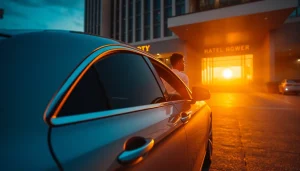 Book cheap driver hire Bangkok with a professional chauffeur by a luxury car at sunset.