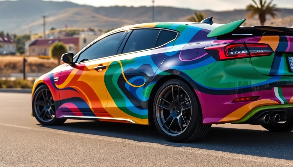 Showcase vibrant professional car wraps enhancing a vehicle's aesthetics on urban streets.