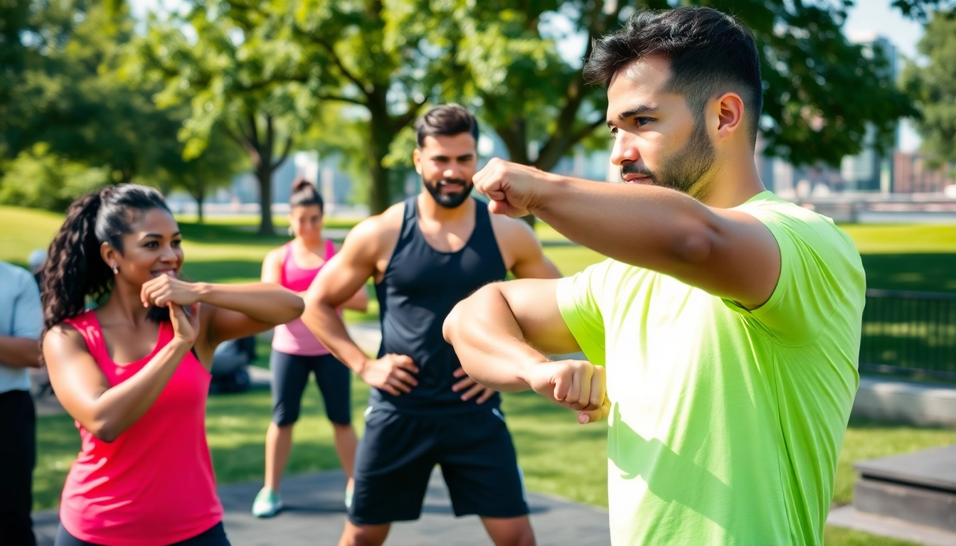 Best Fitness Trainer Jersey City guiding diverse clients through an energetic outdoor workout in a vibrant park setting.