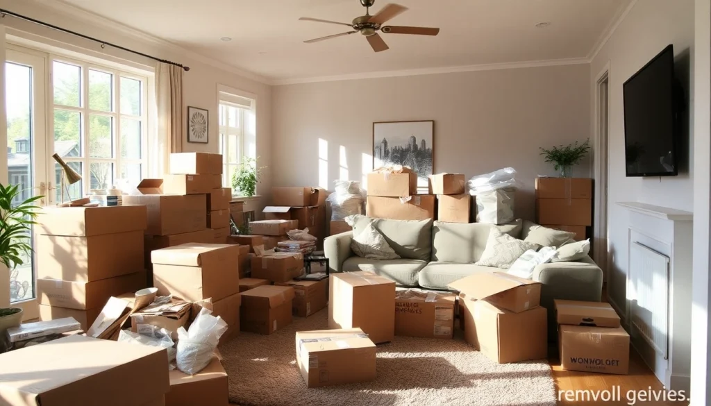 Efficient moving process by removal companies Bingley, showcasing a vibrant living room filled with packed boxes.