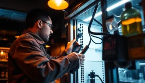 Professional performing bar refrigeration repair on a unit, ensuring optimal cooling for beverages.