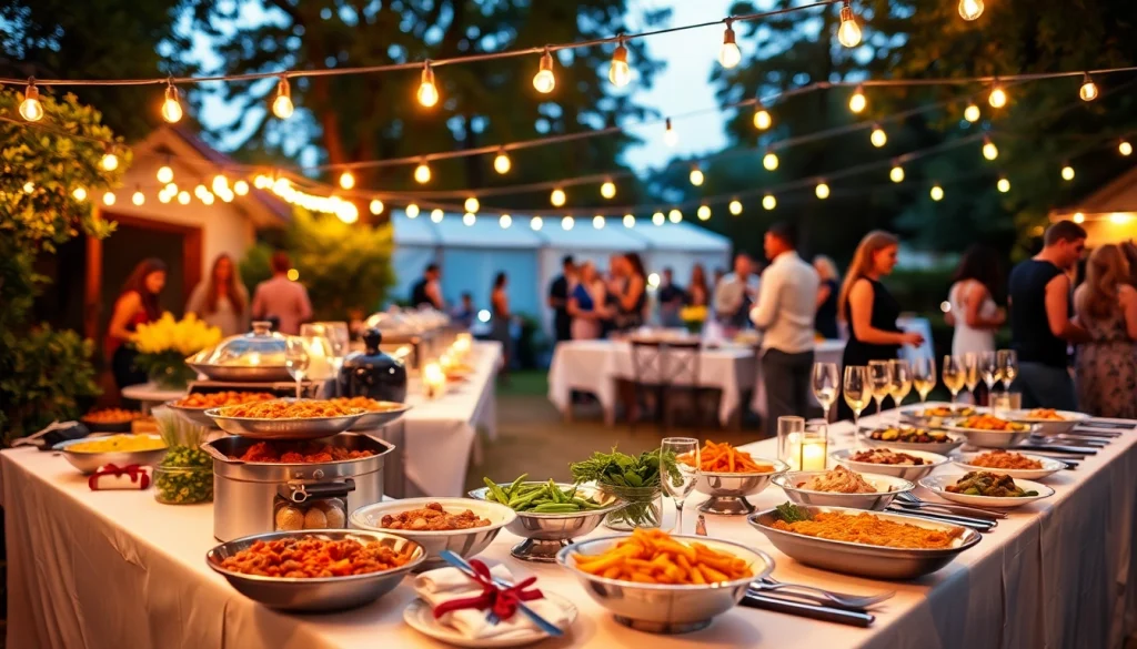 Enjoy a festive atmosphere with Partyservice Berlin, featuring beautifully arranged dishes and decorations at an outdoor celebration.