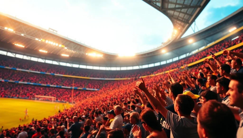 Experience ดูบอลฟรี with fans passionately celebrating a football match in a lively stadium.